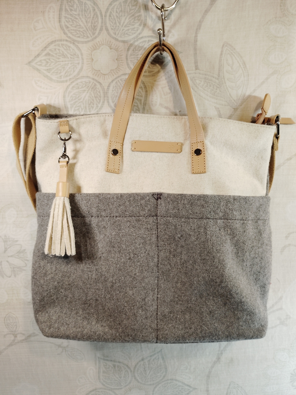 Sherpani Faith Neutral Two-Tone Wool Crossbody Tote Bag with Tan Handles
